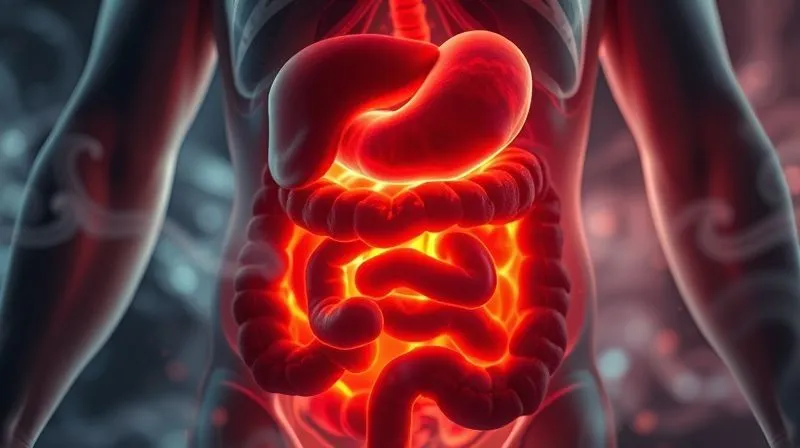 A photorealistic, professional photography image from a low angle, depicting a human digestive system subtly glowing with discomfort, surrounded by swirling gas-like effects, symbolizing bloating. The lighting is cinematic and dramatic, with sharp focus on the internal organs, depth of field blurring the background. 8K hyper-detailed, shot on a high-end DSLR, no text.