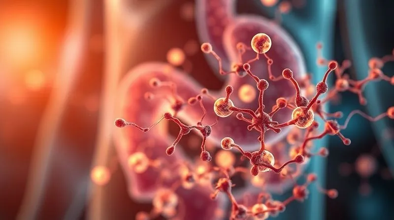 A photorealistic, professional photography image of a healthy human gut microbiome, represented by a vibrant, intricate network of beneficial bacteria and enzymes, glowing with a soft, warm light. The background is slightly blurred, suggesting the complexity of the internal body. Cinematic lighting, sharp focus on the microbial details, depth of field, 8K hyper-detailed, shot on a high-end DSLR, no text.