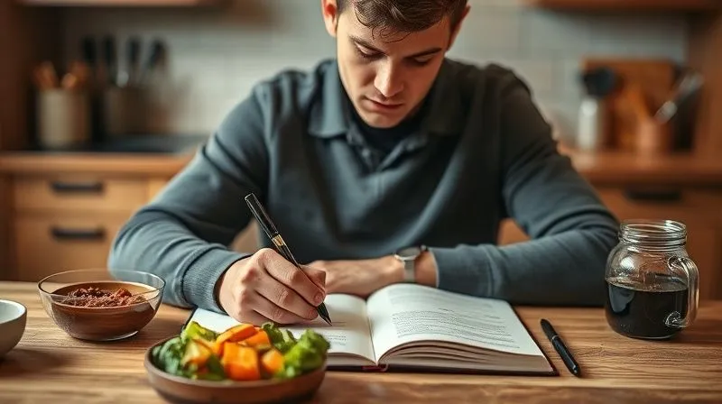 A photorealistic, professional photography image of a person sitting at a kitchen table, intently writing in a well-organized food diary, with a pen in hand. A healthy, fresh meal is visible on the table, and the overall atmosphere is calm and focused. Cinematic lighting, sharp focus on the diary and the person's thoughtful expression, depth of field blurring the background. 8K hyper-detailed, shot on a high-end DSLR, no text.