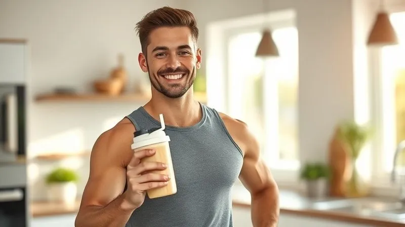 A photorealistic, professional photography image of a fit, energetic person smiling confidently, holding a shaker bottle with a healthy protein shake. They are standing in a bright, modern kitchen, bathed in natural light, exuding a sense of well-being and achievement. Cinematic lighting, sharp focus on the person and the shake, depth of field blurring the background. 8K hyper-detailed, shot on a high-end DSLR, no text.