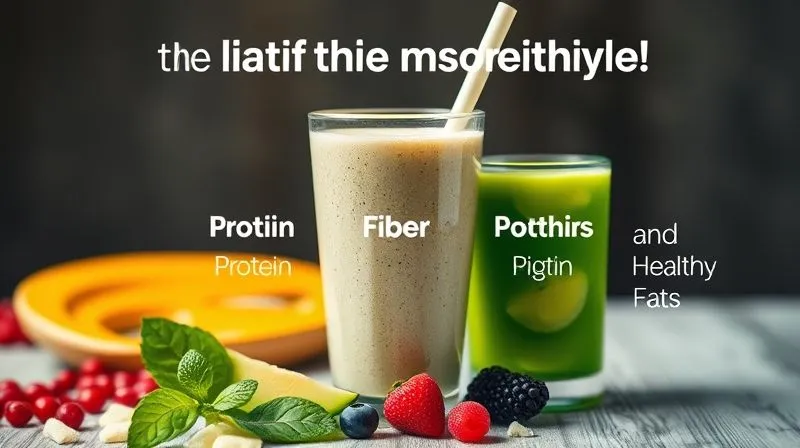 A visually appealing infographic showing the three pillars of a satisfying smoothie: Protein, Fiber, and Healthy Fats, with examples for each category. Photorealistic, professional photography, 8K, cinematic lighting, sharp focus, depth of field, shot on a high-end DSLR.