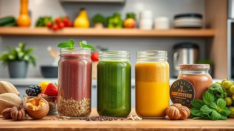 A vibrant, organized meal prep station in a modern kitchen, with pre-portioned smoothie ingredients in glass jars, ready for blending. Fresh fruits, nuts, seeds, and protein powder visible. Photorealistic, professional photography, 8K, cinematic lighting, sharp focus, depth of field, shot on a high-end DSLR.