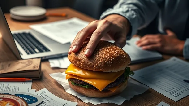 Photorealistic, professional photography, 8K, cinematic lighting, sharp focus, depth of field, shot on a high-end DSLR. A close-up shot of a tired businessman's hand reaching for a greasy fast-food burger on a messy desk, surrounded by office documents and a laptop, symbolizing poor eating habits under pressure. The lighting is dim, emphasizing fatigue. No logos or text.
