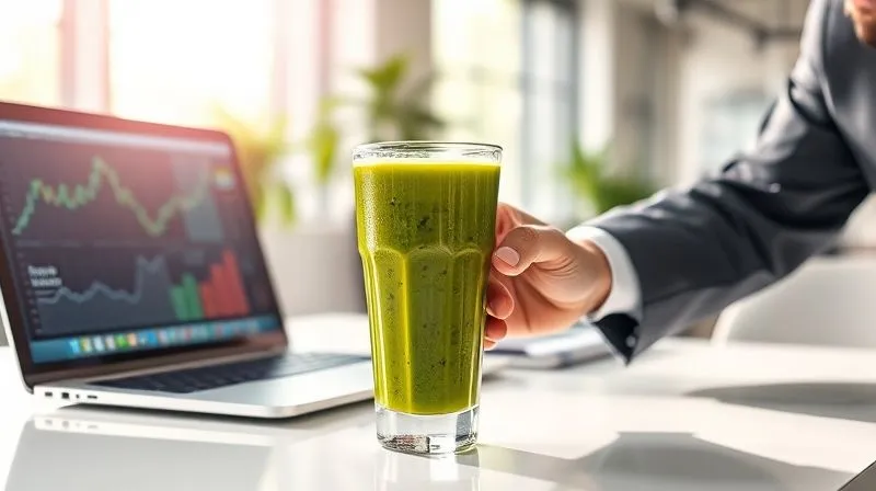 Photorealistic, professional photography, 8K, cinematic lighting, sharp focus, depth of field, shot on a high-end DSLR. A vibrant, green smoothie in a stylish glass on a pristine white desk next to a laptop displaying complex charts. A businessman's hand, looking alert and focused, is reaching for the smoothie. The background is slightly blurred, suggesting a busy but organized office environment. Sunlight streams in, symbolizing clarity and energy. No logos or text.