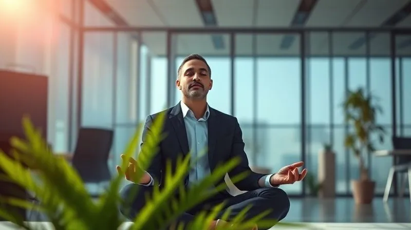 Photorealistic, professional photography, 8K, cinematic lighting, sharp focus, depth of field, shot on a high-end DSLR. A serene image of a businessman meditating in a modern, sunlit office, with a subtle glow around him, symbolizing inner peace and stress reduction. A green plant is in the foreground, adding to the sense of calm. No logos or text.