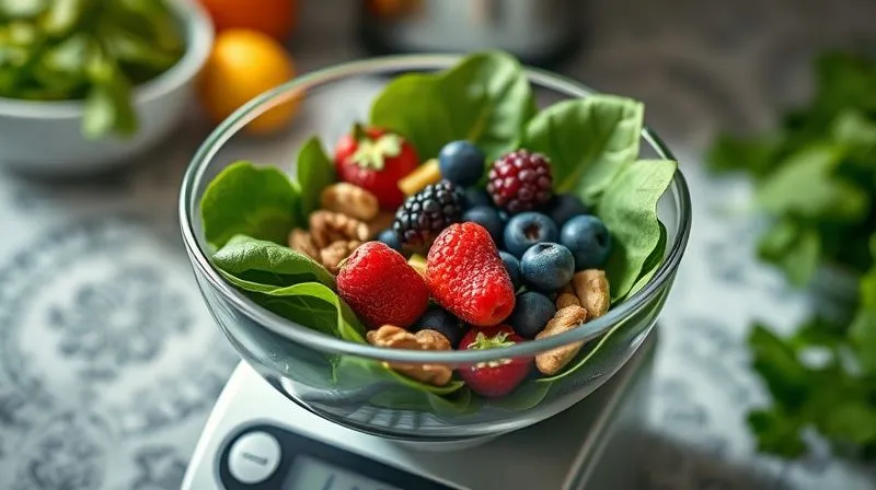 A close-up, photorealistic, professional photography, 8K image of a kitchen scale with a bowl of various smoothie ingredients (spinach, berries, nuts) being weighed. Cinematic lighting, sharp focus on the scale and ingredients, depth of field blurring the background. Shot on a high-end DSLR.