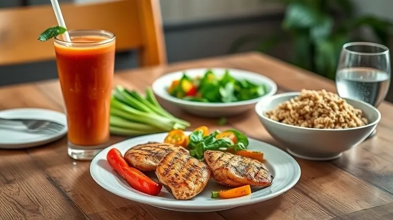 A photorealistic, professional photography, 8K image of a diverse, balanced meal spread on a wooden table: a vibrant smoothie, a plate with grilled chicken and roasted vegetables, a bowl of quinoa salad, and a glass of water. Cinematic lighting, sharp focus on the food, depth of field blurring the background. Shot on a high-end DSLR.
