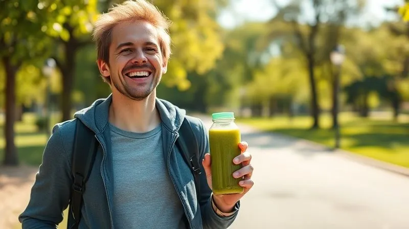 A photorealistic, professional photography, 8K image of a person enjoying a brisk walk outdoors, smiling, with a vibrant green smoothie bottle in hand. The background shows a sunny park with trees and a clear path. Cinematic lighting, sharp focus on the person, depth of field blurring the background. Shot on a high-end DSLR.