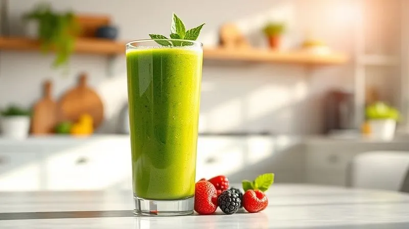 A photorealistic, professional photography, 8K image of a perfectly blended, vibrant green smoothie in a tall glass, garnished with a few fresh berries and mint leaves. The setting is a bright, modern kitchen, with sunlight streaming in. Cinematic lighting, sharp focus on the smoothie, depth of field blurring the background. Shot on a high-end DSLR.