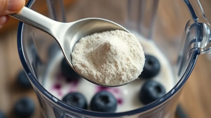 Photorealistic image of a scoop of whey protein powder being added to a blender with blueberries and yogurt, cinematic lighting, sharp focus on the powder, 8K.