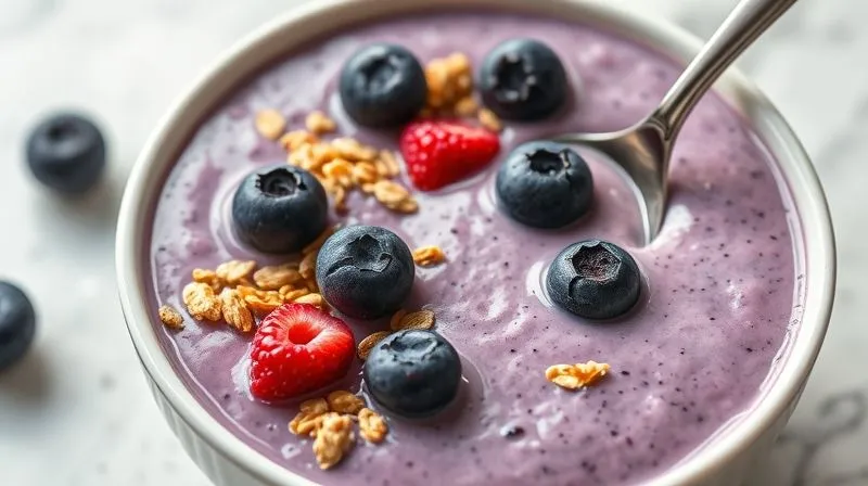 Photorealistic image of a thick, creamy blueberry smoothie in a bowl, topped with granola and fresh berries, being eaten with a spoon, soft morning light, 8K.