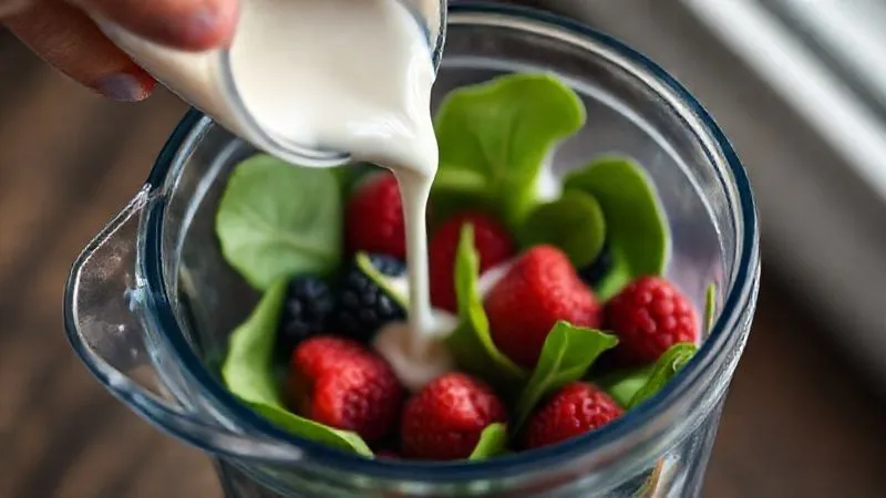 A photorealistic close-up of a hand pouring a stream of thick, creamy, unsweetened almond milk into a blender with fresh berries and spinach. The light is soft and natural, emphasizing the texture of the milk and the vibrance of the ingredients. 8K, cinematic lighting, sharp focus, depth of field, shot on a high-end DSLR.