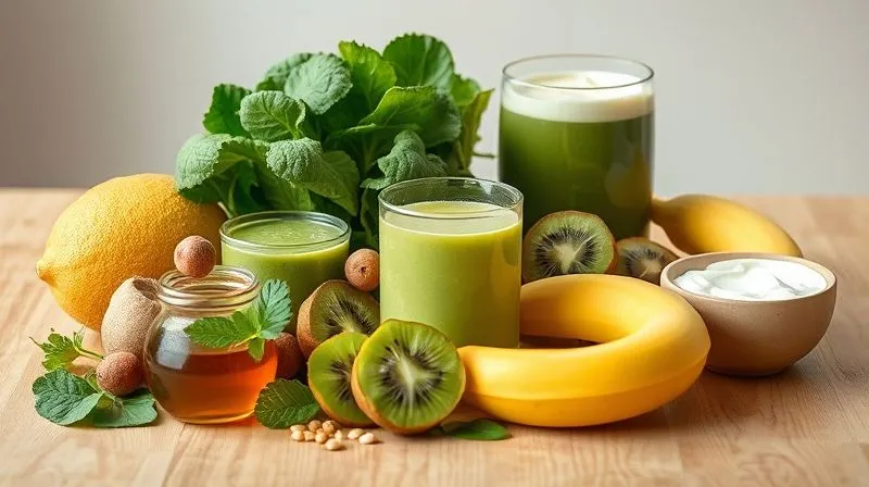 Photorealistic image of various smoothie ingredients, some clearly healthy (spinach, cucumber, kiwi) and some subtly less so (honey, large banana, full-fat yogurt), arranged on a clean wooden table with soft, natural light, 8K, sharp focus, depth of field.