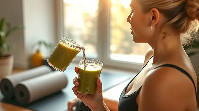 Photorealistic image of a person enjoying a healthy smoothie after a light workout, with a yoga mat and small weights in the background, bathed in morning light through a window, 8K, cinematic lighting, sharp focus, depth of field.