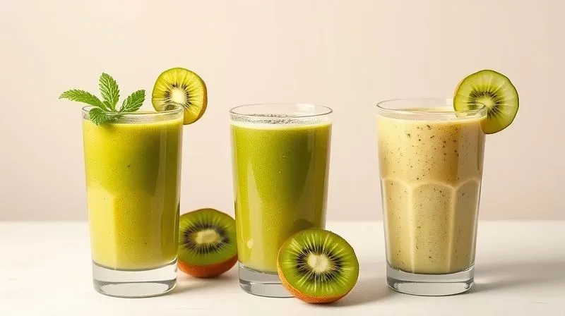 Photorealistic image of three distinct, beautifully presented kiwi smoothies in different glasses, each with a unique garnish (e.g., mint, chia seeds, a slice of cucumber), on a light, minimalist background, professional food photography, 8K, cinematic lighting.