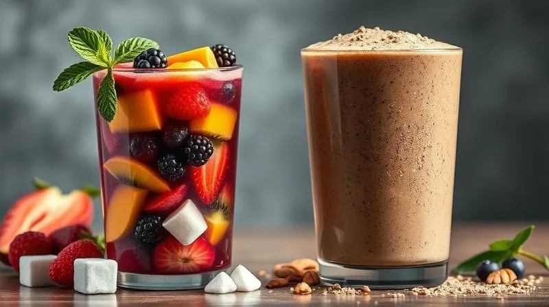Photorealistic image of two smoothies side-by-side. One is a vibrant, fruit-heavy smoothie with a pile of sugar cubes next to it, indicating high sugar content. The other is a thicker, less vibrant smoothie with visible seeds, nuts, and a scoop of protein powder, indicating high protein and fiber. Cinematic lighting, sharp focus, depth of field. The image should visually contrast healthy vs. unhealthy smoothie composition.