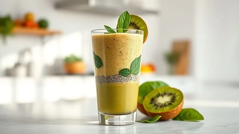 Photorealistic image of a perfectly balanced kiwi smoothie in a stylish glass. It contains visible layers or textures suggesting protein powder, spinach, chia seeds, and one fresh kiwi slice on the rim. The background is a clean, bright kitchen counter. The overall impression is healthy, refreshing, and effective for weight loss. Cinematic lighting, sharp focus, depth of field.