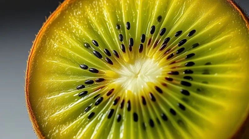 A photorealistic, professional photography shot of a perfectly cut cross-section of a fresh kiwi fruit, showing its vibrant green flesh and tiny black seeds. Cinematic lighting, sharp focus on the juicy texture, depth of field blurring the background. 8K hyper-detailed, shot on a high-end DSLR, emphasizing its natural beauty and freshness.