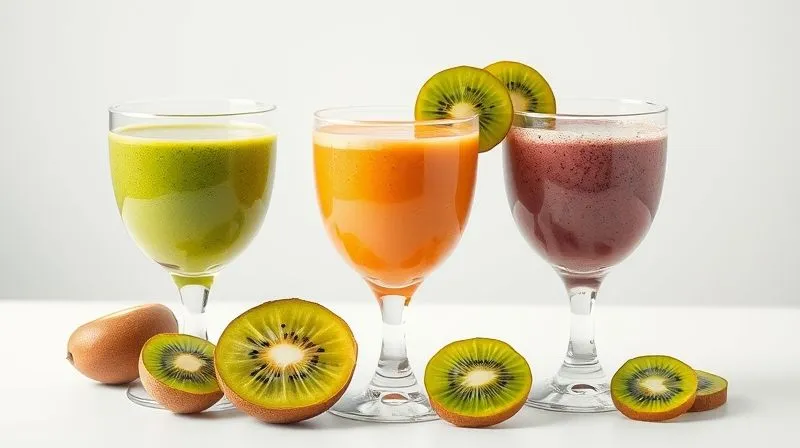 A photorealistic, professional photography shot of three distinct, vibrant kiwi smoothies in elegant glasses, arranged on a minimalist white background. Each smoothie has a unique color and texture, suggesting different ingredients. Cinematic lighting, sharp focus on the drinks, depth of field blurring the background. 8K hyper-detailed, shot on a high-end DSLR, emphasizing freshness, variety, and health.