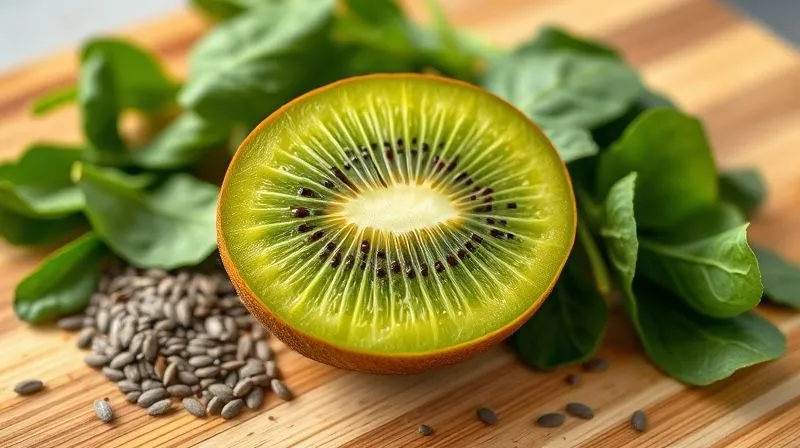 Photorealistic image of a halved kiwi fruit, with its vibrant green flesh and black seeds clearly visible, surrounded by other superfood ingredients like spinach and chia seeds, all on a wooden cutting board, with natural light, sharp focus, depth of field, 8K hyper-detailed, professional photography, shot on a high-end DSLR.