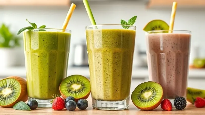 A close-up, photorealistic image of three different vibrant kiwi smoothies in stylish glasses, each with distinct additional ingredients visible (e.g., spinach, berries, chia seeds), perfectly garnished, set against a bright, airy kitchen background. Cinematic lighting, sharp focus on the smoothies, depth of field, 8K hyper-detailed, professional photography, shot on a high-end DSLR.