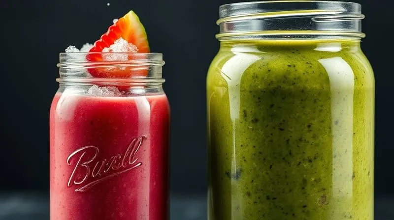 Photorealistic image of two smoothies side-by-side: one small, vibrant, fruit-only smoothie overflowing with sugar, and another larger, more muted green smoothie with visible fibrous ingredients, both in clear glass jars, cinematic lighting, sharp focus.