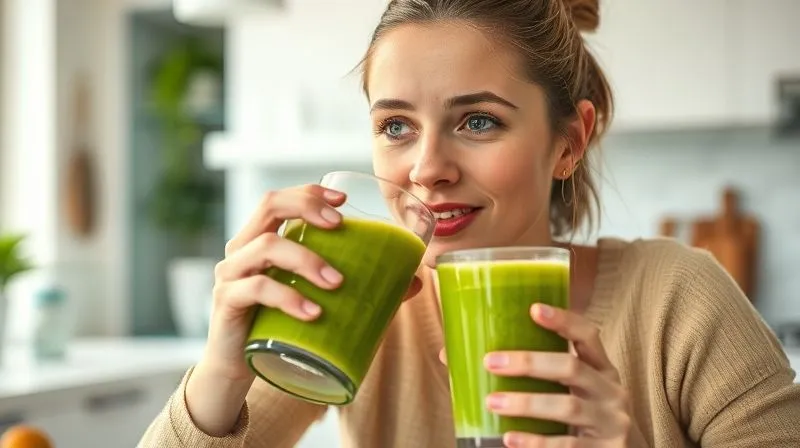 A person slowly sipping a vibrant kiwi smoothie from a glass with a thoughtful, satisfied expression, in a bright, modern kitchen setting, emphasizing mindful eating. Photorealistic, cinematic lighting, shallow depth of field, 8K.