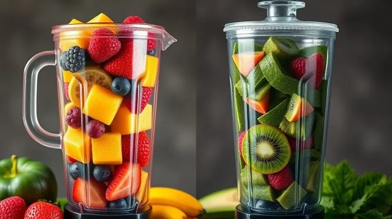 A visually distinct image contrasting a blender overflowing with only colorful, sugary fruits versus another blender with a balanced mix of green leafy vegetables, kiwi, and protein powder, highlighting healthy choices. Photorealistic, 8K, cinematic lighting.