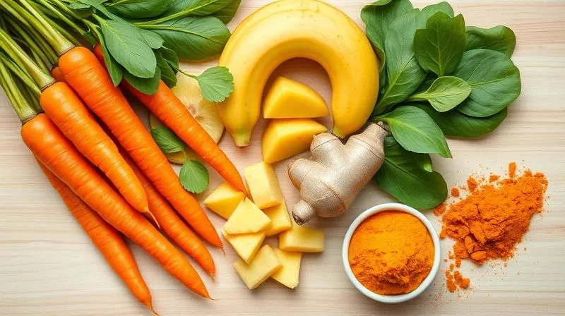 A vibrant, photorealistic overhead shot of various fresh ingredients for a carrot smoothie arranged artfully on a light wooden table: bright orange carrots, green spinach leaves, yellow banana slices, golden pineapple chunks, a knob of fresh ginger, and a small pile of turmeric powder. The ingredients are clean and perfectly ripe, with sharp focus and cinematic lighting. Professional photography, 8K, shot on a high-end DSLR, conveying freshness and healthy choices.