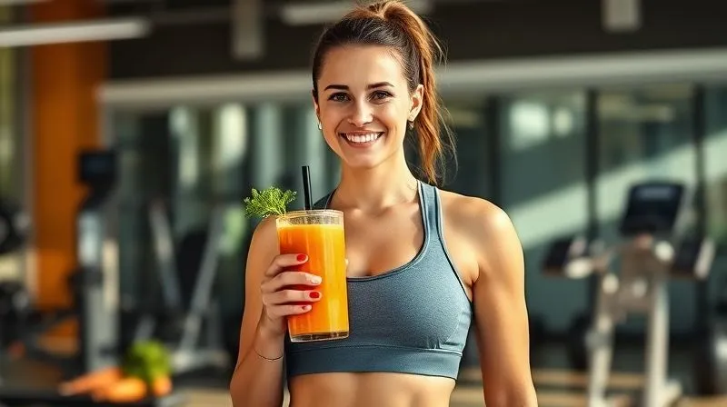 A fit woman in athletic wear, smiling and holding a vibrant carrot smoothie, standing in a modern gym with natural light streaming in. She looks refreshed and energized after a workout. Photorealistic, professional photography, 8K, cinematic lighting, sharp focus on the woman and the smoothie, depth of field blurring the gym equipment in the background. Shot on a high-end DSLR, conveying health and vitality.