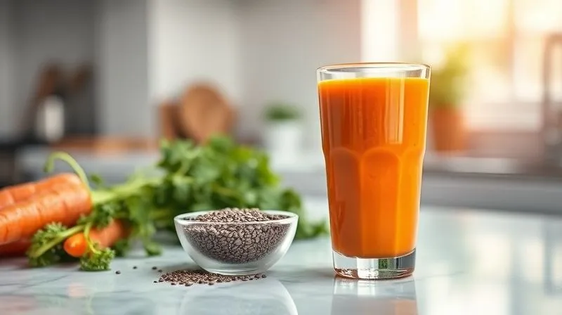photorealistic, professional photography, 8K, cinematic lighting, sharp focus, depth of field, shot on a high-end DSLR. A glass of vibrant carrot smoothie with a visible fibrous texture, accompanied by a small bowl of chia seeds and flaxseeds. The setting is a bright, clean kitchen counter, emphasizing health and natural ingredients. The image should convey a sense of fullness and healthy energy.