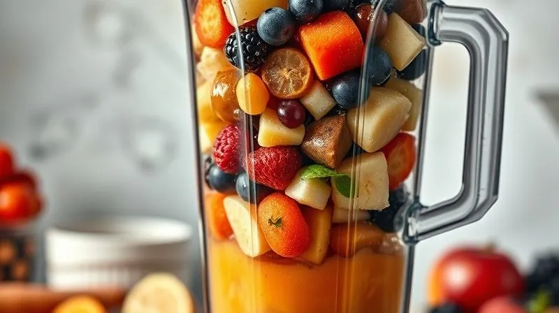 photorealistic, professional photography, 8K, cinematic lighting, sharp focus, depth of field, shot on a high-end DSLR. A visually chaotic and overflowing blender with an excessive amount of various fruits, honey, and sugary syrups, contrasting with a small, almost hidden, single carrot. The background is slightly messy, suggesting a lack of planning. The image should convey the idea of common mistakes in smoothie preparation, emphasizing too much sugar and unbalanced ingredients.