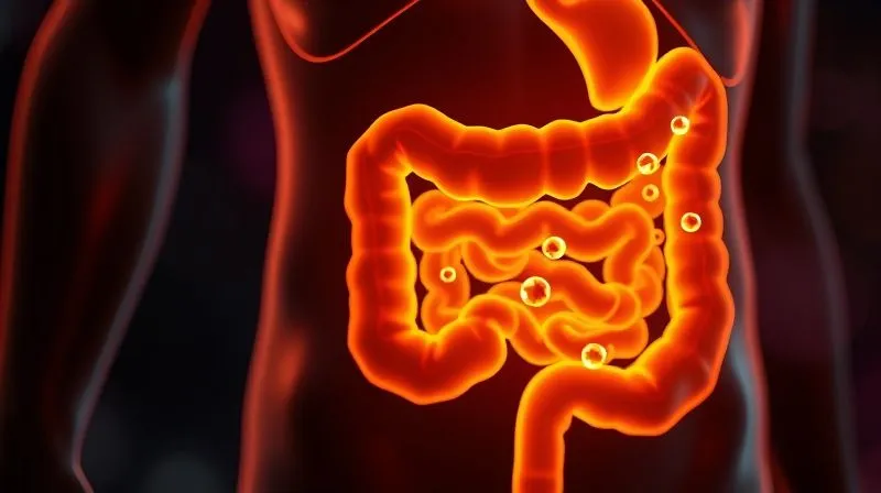 Photorealistic, professional photography, 8K, cinematic lighting, sharp focus, depth of field, shot on a high-end DSLR. A stylized, glowing diagram of the human digestive system with emphasis on the large intestine, showing small bubbles representing gas formation from fermenting oligosaccharides. The background is slightly blurred, evoking a scientific yet approachable feel, highlighting the delicate balance of gut microflora.