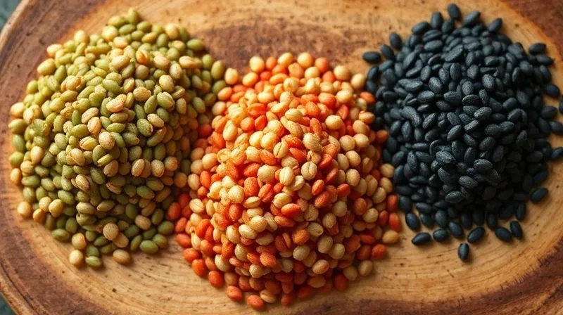 Photorealistic, professional photography, 8K, cinematic lighting, sharp focus, depth of field, shot on a high-end DSLR. A close-up, top-down view of three distinct piles of dry lentils: vibrant red lentils, earthy green lentils, and dark black beluga lentils, each beautifully separated on a rustic wooden board. The lighting is soft and natural, highlighting the unique textures and colors of each variety. Sharp focus on all three piles, with a very shallow depth of field to emphasize the lentils themselves.