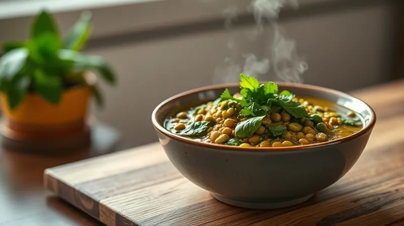 Photorealistic, professional photography, 8K, cinematic lighting, sharp focus, depth of field, shot on a high-end DSLR. A beautifully plated bowl of vibrant green lentil curry with fresh spinach and a sprinkle of chopped cilantro, steam gently rising. The dish is set on a minimalist wooden table with a soft, warm cinematic light illuminating it, creating an inviting and appetizing atmosphere. Blurred background suggests a cozy, healthy kitchen environment.
