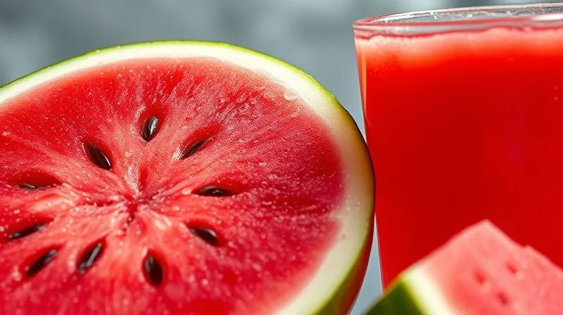 A photorealistic, professional photography, 8K, cinematic lighting, sharp focus, depth of field, shot on a high-end DSLR. Close-up of a perfectly sliced, juicy watermelon, with beads of water glistening on its surface, next to a glass of vibrant red watermelon juice, emphasizing freshness and natural energy. The background is softly blurred, suggesting a healthy, energetic lifestyle.
