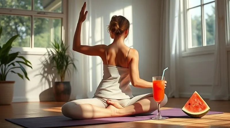 A photorealistic, professional photography, 8K, cinematic lighting, sharp focus, depth of field, shot on a high-end DSLR. A person performing a gentle yoga pose in a sunlit room, with a glass of watermelon juice nearby, conveying calm energy, focus, and a balanced lifestyle. The scene is serene and inspiring.
