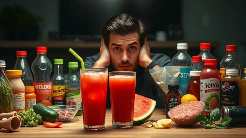 A photorealistic, professional photography, 8K, cinematic lighting, sharp focus, depth of field, shot on a high-end DSLR. A person looking perplexed at a table filled with various diet products and a single glass of watermelon juice, symbolizing confusion and the search for a simple, effective solution amidst complexity. The lighting highlights the juice as a beacon of clarity.