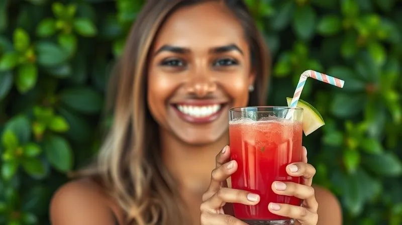 A photorealistic, professional photography, 8K, cinematic lighting, sharp focus, depth of field, shot on a high-end DSLR. A person smiling confidently, holding a glass of watermelon juice, with a vibrant, lush green background, symbolizing sustained health, energy, and long-term success. The image conveys optimism and a sense of achievement.