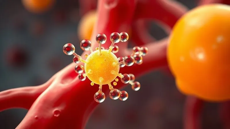 A highly detailed, photorealistic render of human blood vessels with tiny lemon molecules interacting with glucose particles, illustrating the stabilizing effect on blood sugar. The scene is bathed in soft, scientific-lab-like lighting, sharp focus on the molecular interaction, depth of field blurring the background. 8K hyper-detailed, professional photography, shot on a high-end DSLR.
