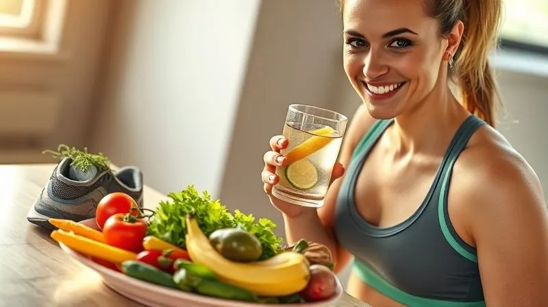 A photorealistic, professional photography shot of a woman in athletic wear, smiling and holding a glass of lemon water, juxtaposed with a plate of fresh, colorful vegetables and a pair of running shoes, all bathed in warm, natural light. The focus is on a holistic, balanced approach to health, with elements of fitness and nutrition present. 8K, cinematic lighting, sharp focus, depth of field, shot on a high-end DSLR.