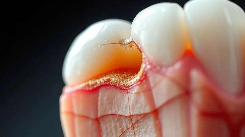 A photorealistic, professional photography of a cross-section of a human tooth, clearly showing the enamel layer being subtly eroded by microscopic acidic particles. Cinematic lighting, sharp focus on the detailed enamel structure, depth of field blurring the background. 8K hyper-detailed, shot on a high-end DSLR, emphasizing fragility and damage.