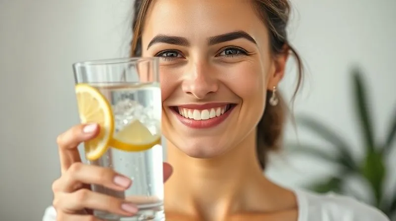 A photorealistic image of a woman smiling confidently, holding a glass of clear water with lemon slices, highlighting her healthy, bright teeth. Soft, natural light, professional photography, depth of field focusing on her face and the glass. 8K hyper-detailed, shot on a high-end DSLR, conveying health and well-being.