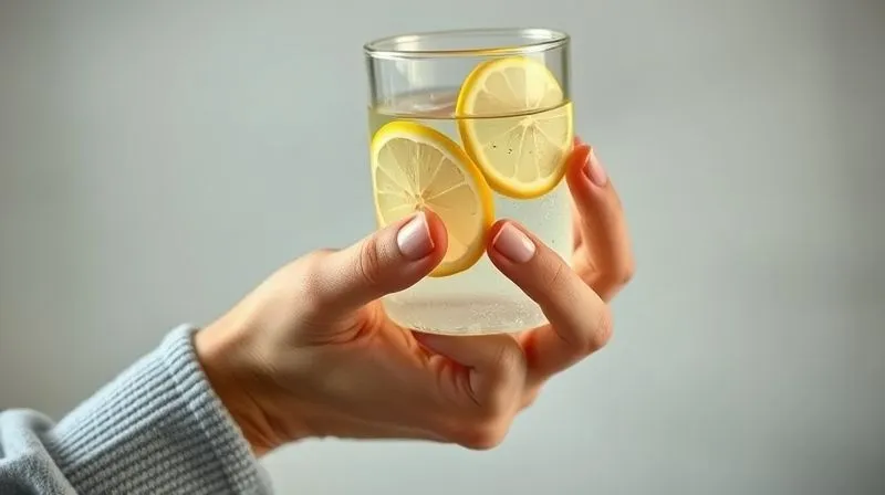 A photorealistic, professional photography of a person’s hand gently holding a glass of water with lemon slices, with a subtle focus on the healthy, natural nails and skin, reflecting a holistic approach to wellness. The background is softly blurred, suggesting a calm, healthy lifestyle. 8K hyper-detailed, cinematic lighting, shot on a high-end DSLR, emphasizing care and balance.