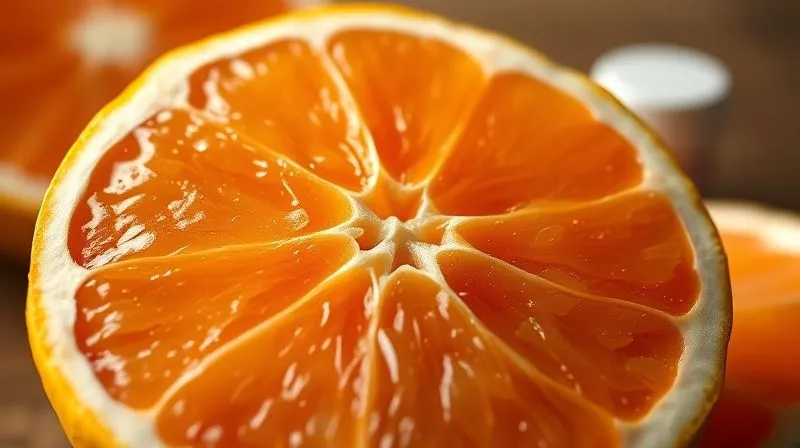 photorealistic, professional photography, 8K, cinematic lighting, sharp focus, depth of field, shot on a high-end DSLR. A close-up of a partially peeled grapefruit, revealing its juicy segments, with a small, generic pill bottle discreetly placed in the background, slightly out of focus. The scene suggests a potential conflict between natural food and medication, emphasizing caution.