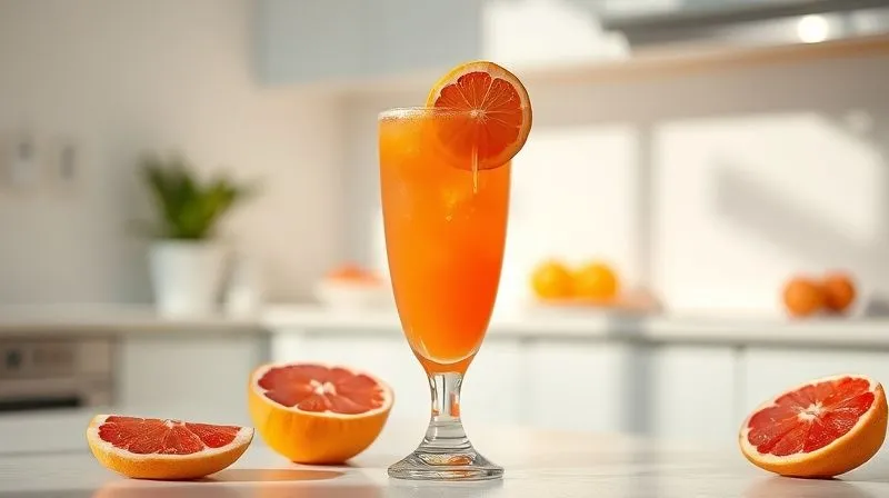 photorealistic, professional photography, 8K, cinematic lighting, sharp focus, depth of field, shot on a high-end DSLR. A tall, elegant glass filled with vibrant, freshly squeezed grapefruit juice, garnished with a thin slice of grapefruit. The background is a bright, minimalist kitchen counter, suggesting health and freshness. Sunbeams gently illuminate the glass, highlighting its refreshing quality.