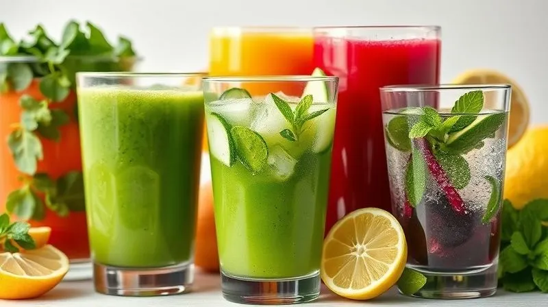 photorealistic, professional photography, 8K, cinematic lighting, sharp focus, depth of field, shot on a high-end DSLR. A vibrant assortment of various healthy, freshly squeezed juices in different clear glasses: a green juice (spinach, cucumber), a red juice (beetroot, apple), and a clear glass of water with lemon and mint. The scene is bright, fresh, and inviting, emphasizing diverse and safe hydration options for a healthy lifestyle.