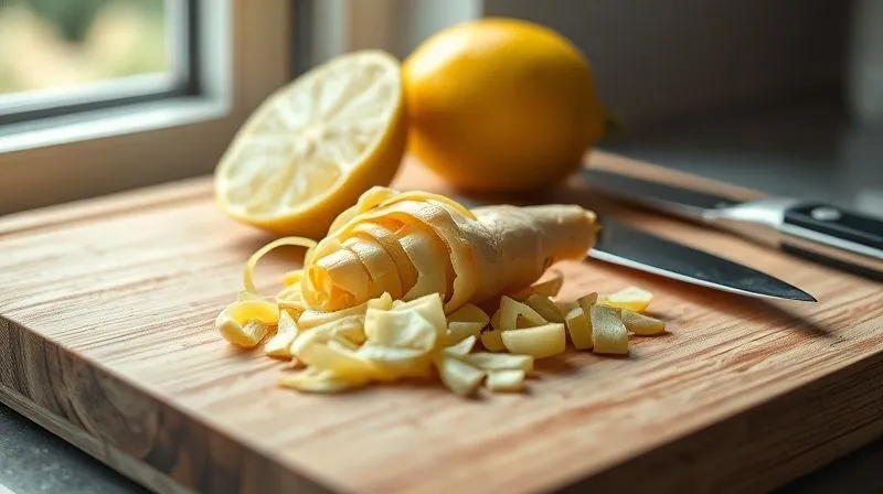 Photorealistic image of a cutting board with freshly peeled ginger root, a sharp knife, and a lemon, suggesting preparation. Soft, natural light from a window, sharp focus on the ingredients, depth of field. 8K hyper-detailed, professional photography, shot on a high-end DSLR.
