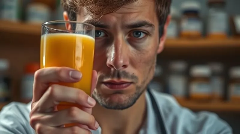 Photorealistic image of a person looking thoughtfully at a glass of ginger juice, with a subtle, blurred background of medication bottles or a doctor's office, conveying a sense of caution and consideration. Cinematic lighting, sharp focus on the person and glass. 8K hyper-detailed, professional photography, shot on a high-end DSLR.