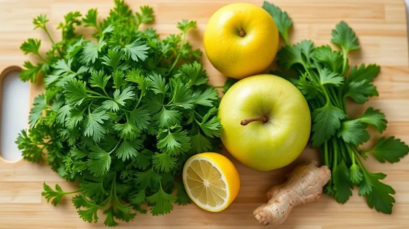 Photorealistic image of fresh, vibrant green parsley sprigs, organic spinach, a crisp green apple, a peeled lemon, and a small piece of ginger root arranged artfully on a light wooden cutting board, with soft, natural light, 8K, sharp focus, depth of field, professional photography.
